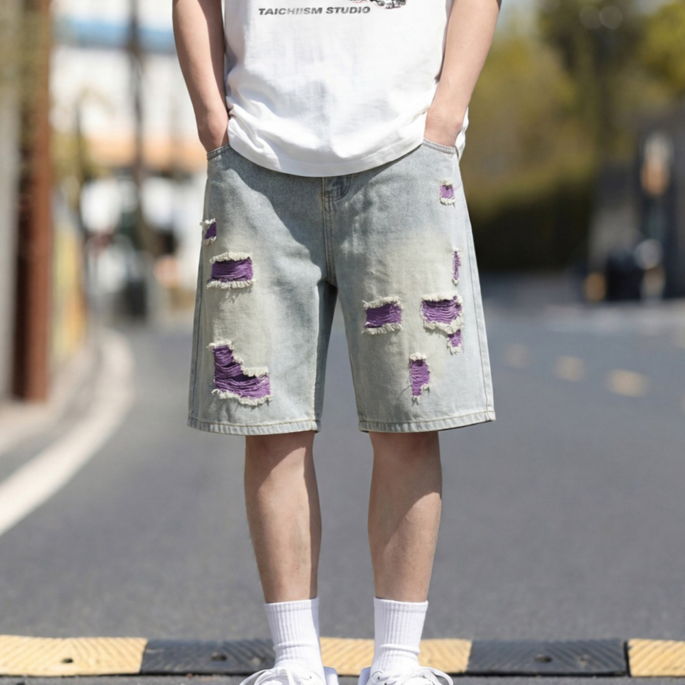 Men's Lined Ripped Denim Short - Distressed Jean Rip avis et prix