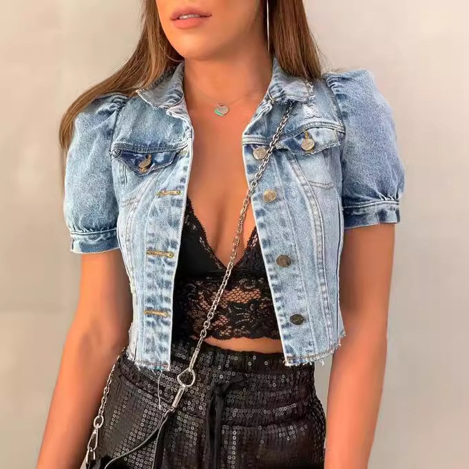 Women Denim Jacket Crop Light  - Distressed Jean Rip avis et prix
