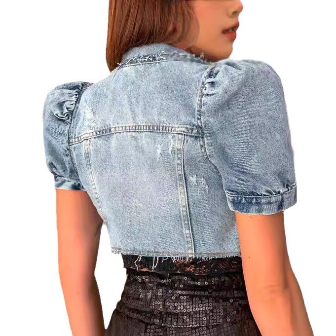 Women Denim Jacket Crop Light  - Distressed Jean Rip avis et prix