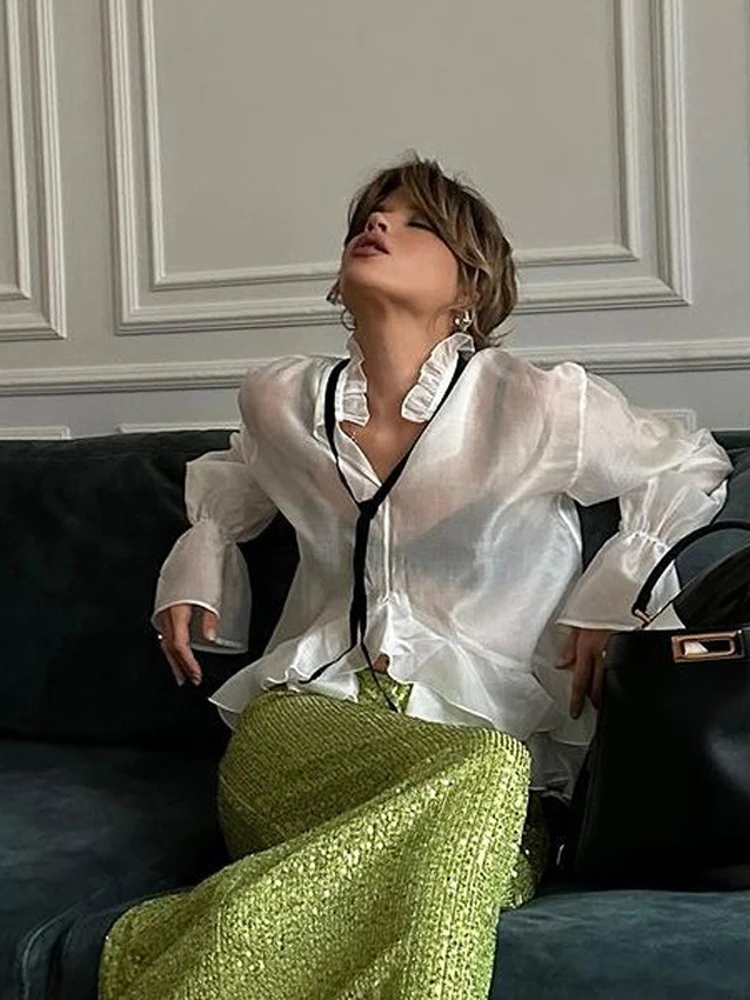 White Ruffle Hem Tie Neck Blou - Fashion Street Night avis et prix