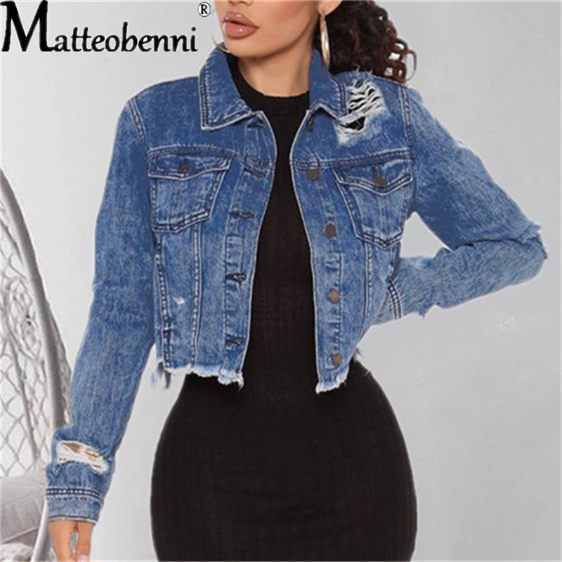 Blue Cropped Denim Jackets Wom - Distressed Jean Rip avis et prix