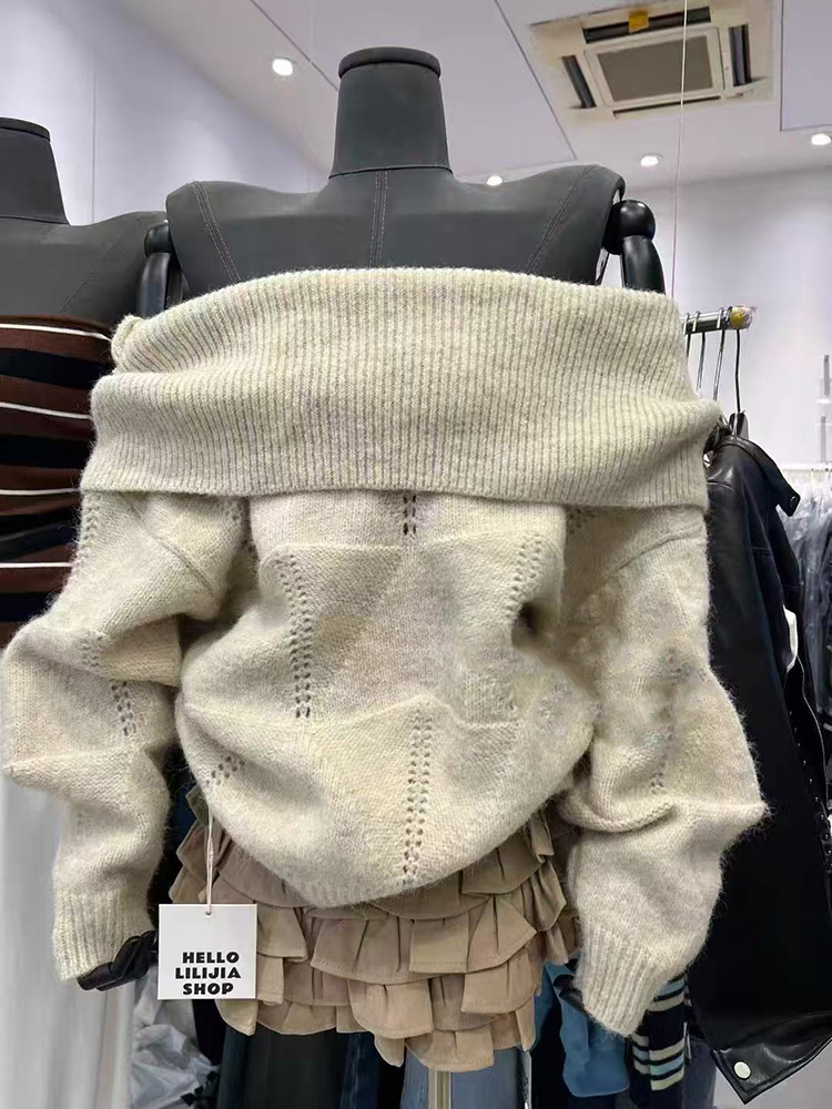 Fashion Slash Neck Knit Sweate - Korean Street Fashion Female avis et prix